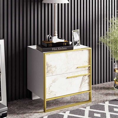 Nightstand PWF-0298 pakoworld in white marble color with golden metal frame 50x38.5x52cm