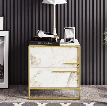 Table de chevet PWF-0298 pakoworld de couleur marbre blanc avec cadre en métal doré 50x38.5x52cm 3