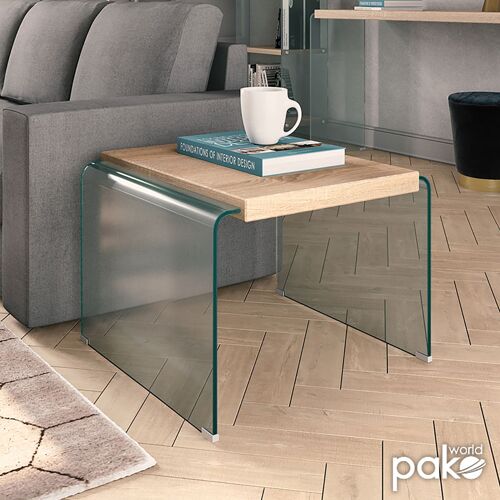Coffee table Brooklyn pakoworld with glass 12mm-MDF in sonoma color 55x55x40cm