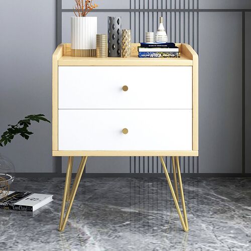 Nightstand Nael pakoworld in natural-white color with golden metal frame 45x40x62cm