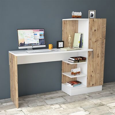 Kary pakoworld Schreibtisch mit Regal Farbe Weiß-Eiche 152,5x40x120cm