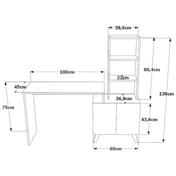 Bureau Kairo pakoworld avec étagère couleur blanc-chêne étagère 150x45x138cm 4