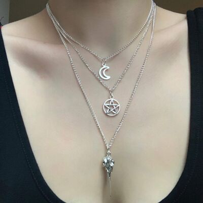 Layered Necklace Set - Moon - Pentagram - Bird Skull