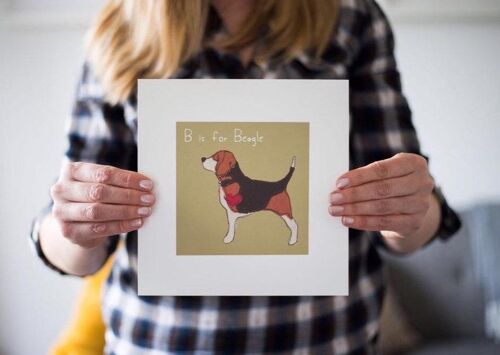 Beagle Art Print - Standing "B is for Beagle" - Putty - My choice of name - Framed