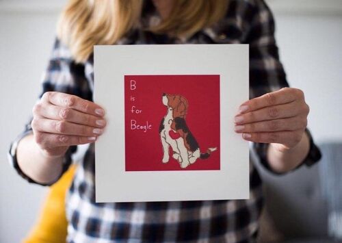 Beagle Art Print - Sitting "B is for Beagle" - red - My own name - Framed
