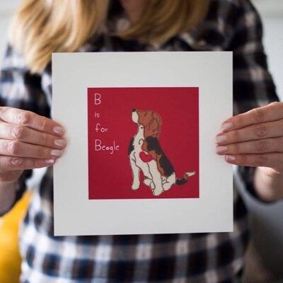 Beagle Art Print - Sitting "B is for Beagle" - red - My own name - Framed
