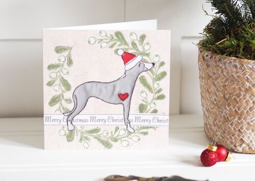 Grey Whippet Dog Christmas Card - Single  - Mistletoe Wreath Design