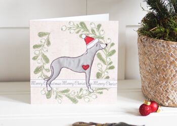 Carte de Noël de chien Whippet gris - Unique - Conception de guirlande de gui