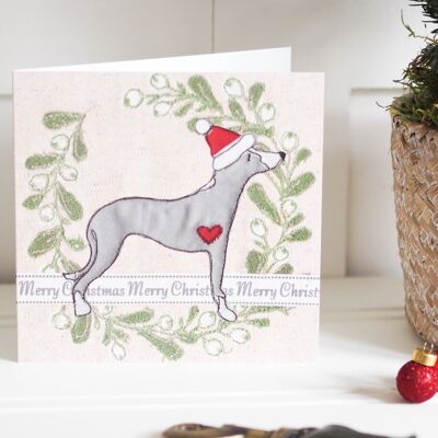Grey Whippet Dog Christmas Card - Single  - Mistletoe Wreath Design