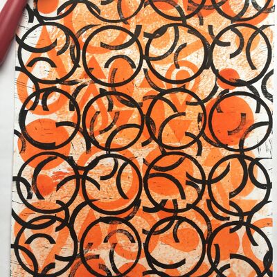 Orange linocut print