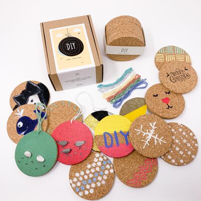 DIY - Cork coasters, round, set of 10 pieces, with 7 pcs cotton yarn - make your own design coasters!