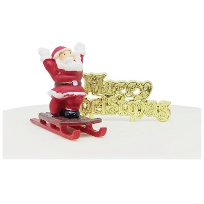 Père Noël sur traîneau en plastique Cake Topper et devise de joyeux Noël d'or