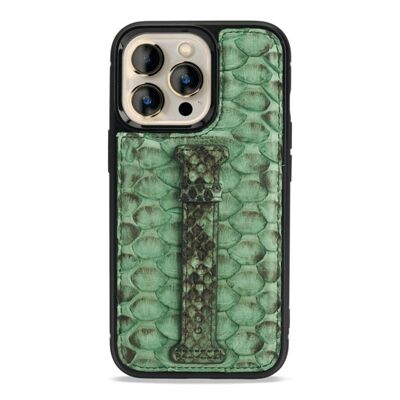 iPhone 13 Pro leather case with finger loop python green