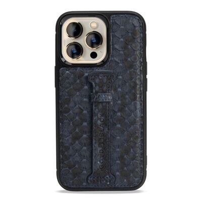 Etui cuir iPhone 13 Pro avec passant doigt python bleu marine