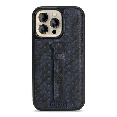 iPhone 13 Pro leather case with finger loop python navy blue