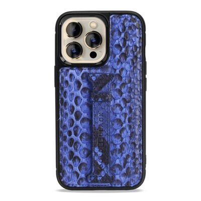 iPhone 13 Pro leather case with finger loop python blue