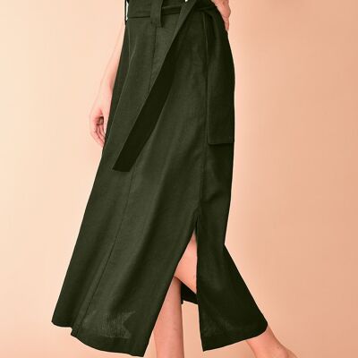 Linen Midi Skirt with Side Slits - Military Green - M
