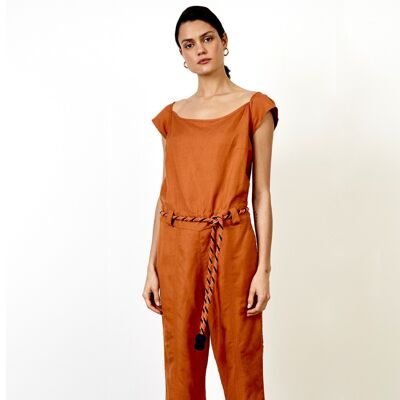 Linen Jumpsuit with Handmade Cotton Belt Orange - L
