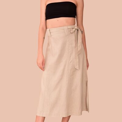 Linen Midi Skirt with Side Slits - Camel - S