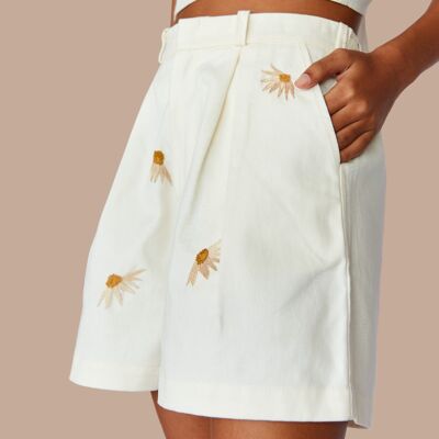 Hand Embroidered Off-White Shorts - Sunflower - M