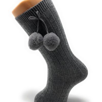 Socken mit mittleren grauen Pompons von 3 Monaten bis 2 Jahren