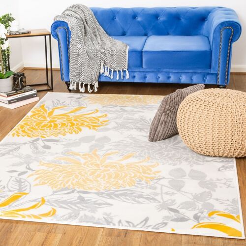 Mustard/Grey Contemporary Peony Flower Design Rug - Texas - 190x280cm