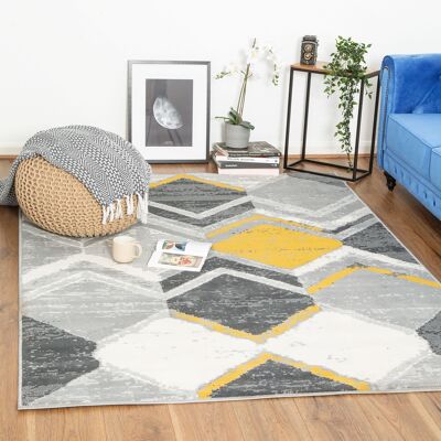 Mustard/Grey Contemporary Geometry Rhombus Design Rug - Texas - 80x150cm (2'8"x5')