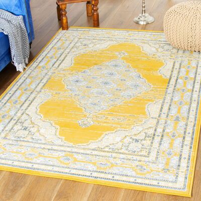 Mustard Contemporary Faded Oriental Kashan Rug - Texas - 120x170cm (4'x5'8")