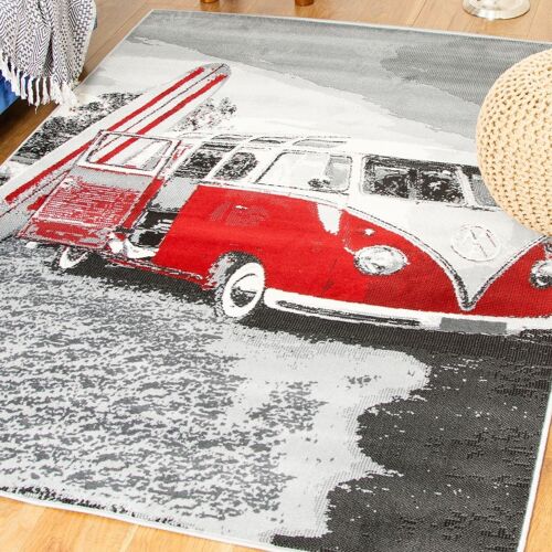 Grey Funky Red Camper Van Print Rug - Texas - 60x110cm (2'x3'7")