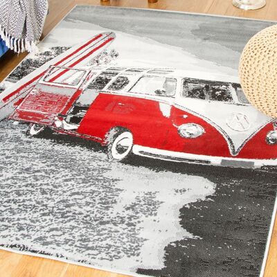 Grey Funky Red Camper Van Print Rug - Texas - 80x150cm (2'8"x5')