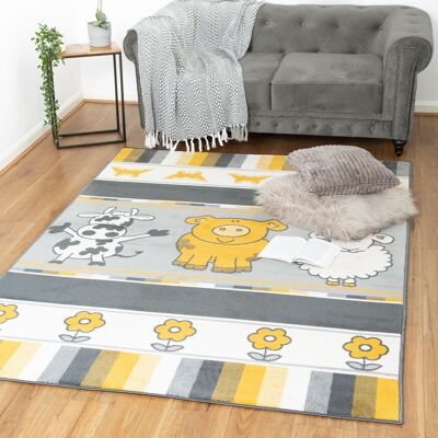 Mustard/Grey Kids Animals Print Rug - Texas Animal Kingdom - 80 x 150cm