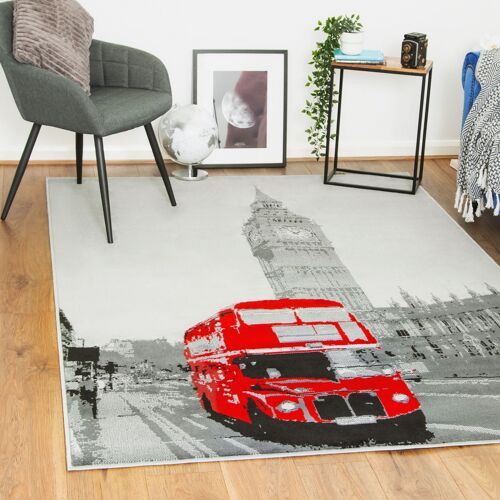 Grey Funky Red London Bus Print Rug - Texas - 160x230cm