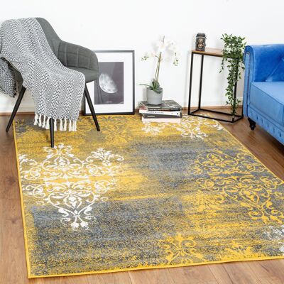 Mustard Contemporary Faded Traditional Motifs Design Rug - Texas - 80x150cm (2'8"x5')