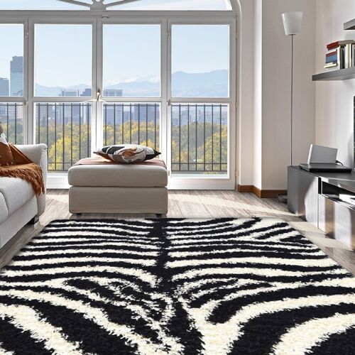 Black and White Zebra Shaggy Rug - California - 80x150cm (2'8"x5')