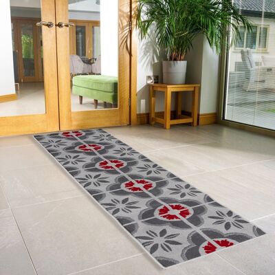 Red & Grey Floral Tiles Stair Runner  / Kitchen Mat - Texas (Custom Sizes Available) - 60x150CM (2'X5')
