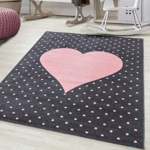 Pink and Grey Heart Kids Rug - Bambi - 80x150cm