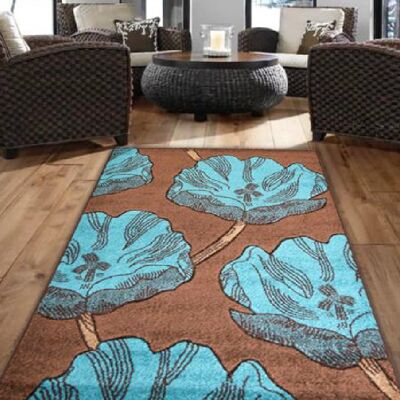 Brown and Blue Flower Rug - Carolina - 200x290cm (6'8"x9'7")