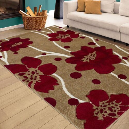 Beige and Red Floral Rug - Carolina - 80x150cm (2'8"x5")