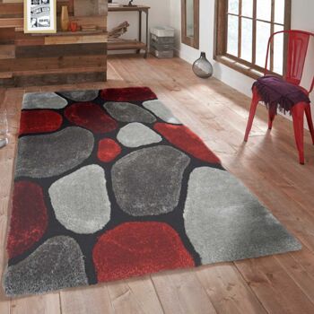 Tapis Shaggy 3D Pebbles Rouge et Gris - Hawaï - 80x150cm (2'8"x5') 3