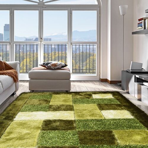 Green 3D Checked Shaggy Rug - Hawaii - 150x230cm (4'9"x7'8")