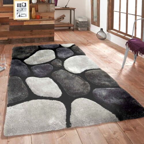 Black and Grey 3D Pebbles Shaggy Rug - Hawaii - 60x110cm (2'x3'7)