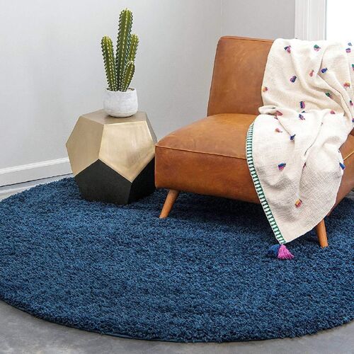 Navy Plain Circle Shaggy Rug - California - 120cm Circle