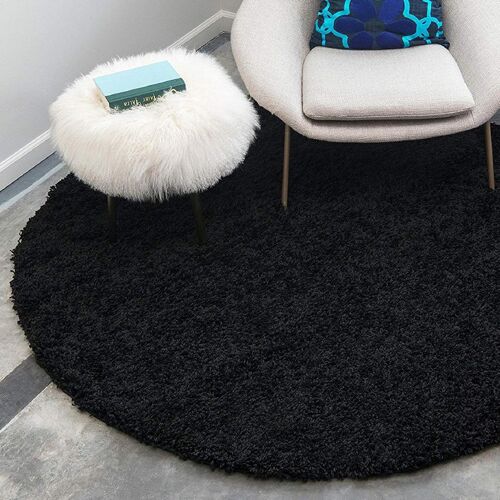 Black Plain Circle Shaggy Rug - California - 120cm Circle