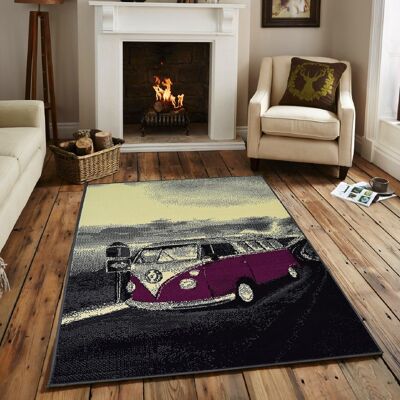 Grey and Violet Retro Campervan Rug - Texas - 120x170cm (4'x5'8")