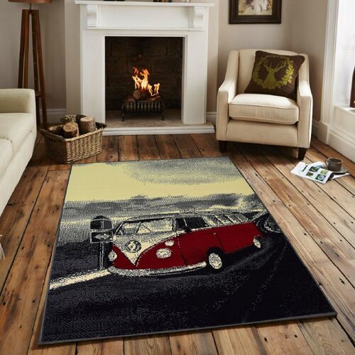 Grey and Red Retro Campervan Rug - Texas - 80x150cm (2'8"x5')