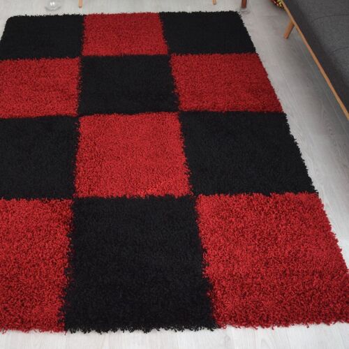 Red Checked Shaggy Rug - California - 60x110cm (2'x3'7")