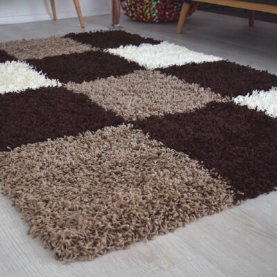 Brown Checked Shaggy Rug - California - 80x150cm (2'8"x5')