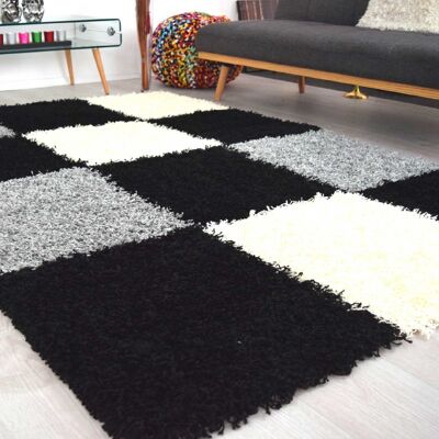 Black Checked Shaggy Rug - California - 80x150cm (2'8"x5')