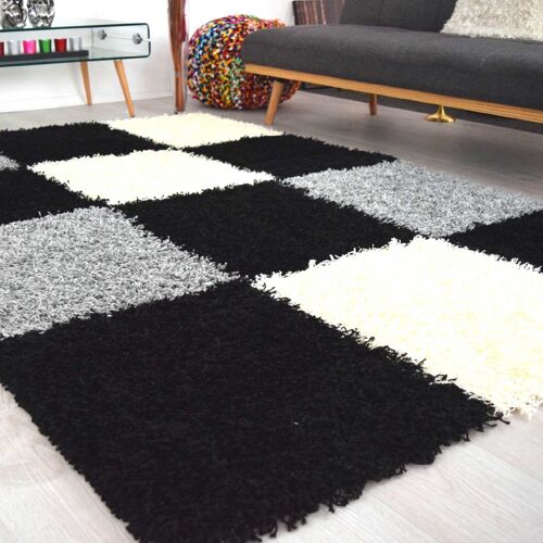 Black Checked Shaggy Rug - California - 160x230cm (5'4"x7'8")