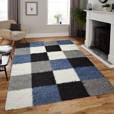 Navy Checked Shaggy Rug - California - 60x110cm (2'x3'7")